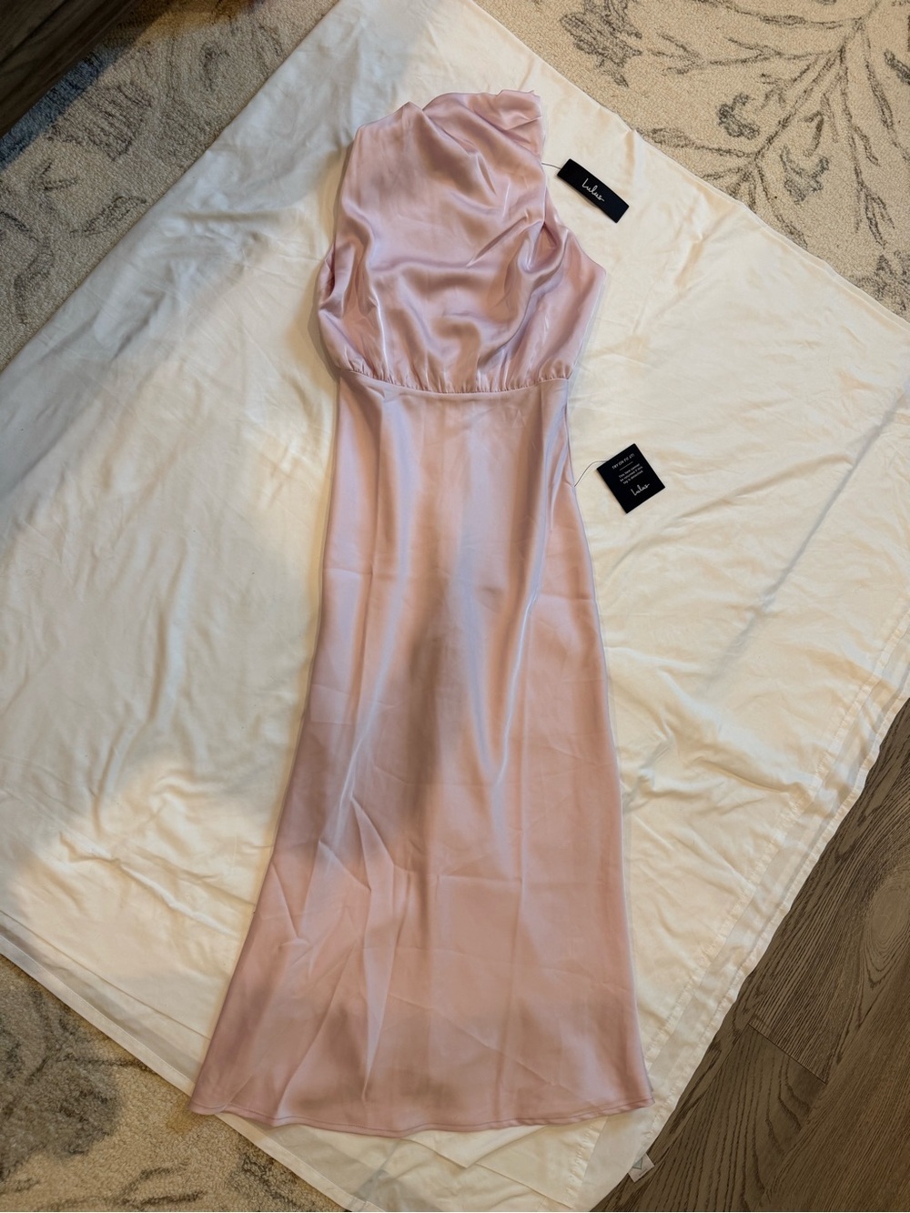 Lulus Blush Satin Asymmetrical Shoulder Midi Dress | Elegant Occasion Dress - XS - Picture 9 of 10